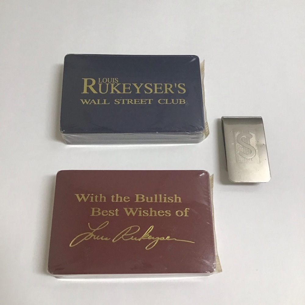 Louis Rukeyser’s Wall Street Club Playing Cards 2 NEW DECKS Money Clip Vintage